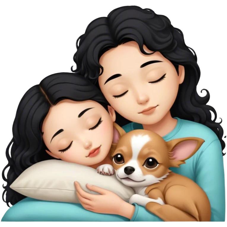Coquette teenage cute asian black hair girl sleeping with brown longhair chihuahua and guy with black curly hair emoji