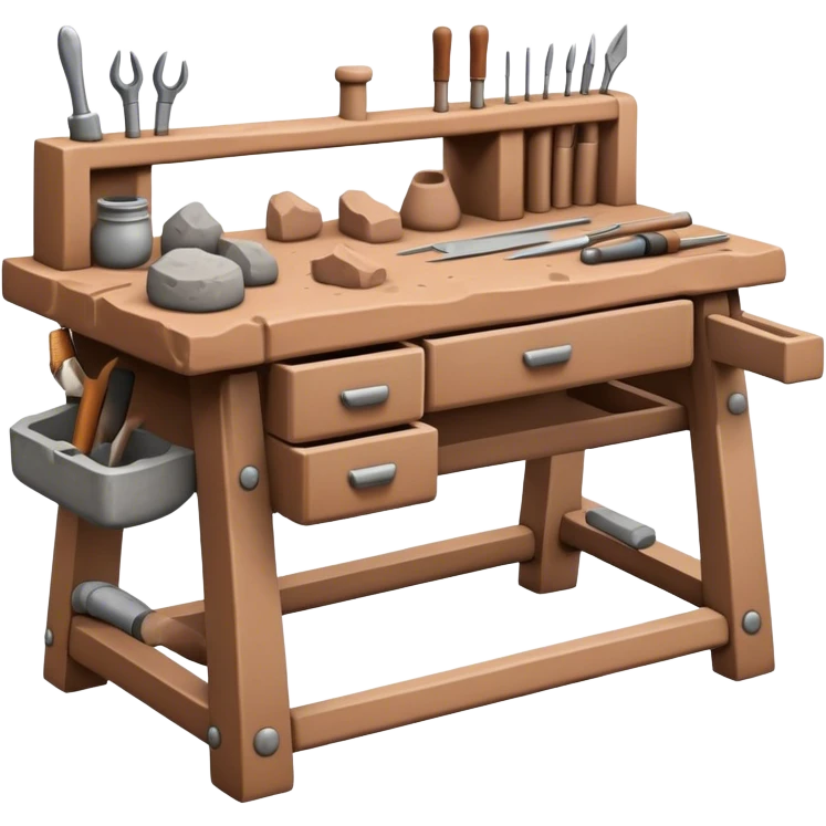 Cinematic Realistic image of a workbench set with a lump of pliable clay and artisanal sculpting tools, rendered with finely detailed textures that reveal subtle clay particles and well-worn tool surfaces, bathed in warm, focused studio lighting emoji