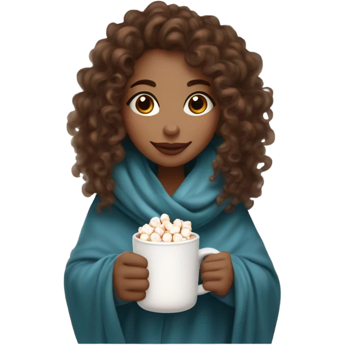 Light skin girl with brown curly hair under our blanket, make it so you can see the curly hairsipping hot cocoa with marshmallows, cuddled around the blanket, long curly hair, long, medium lashes emoji