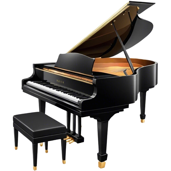 Cinematic Realistic Piano, glossy black grand piano with elegantly curved edges, pristine white and black keys, soft golden light reflecting off its polished surface, faint reflections of a musician’s hands, glowing with refined elegance and musical depth. emoji