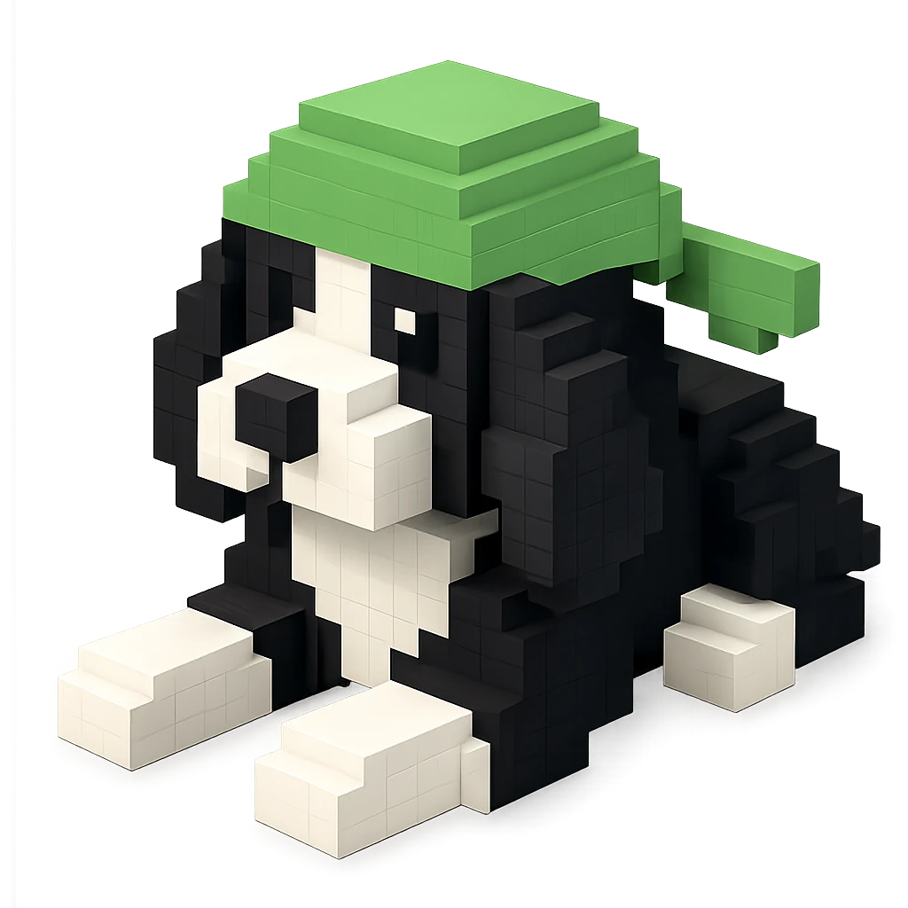 A black and white Russian Cocker Spaniel puppy wearing a green durag, voxel style, lying down emoji