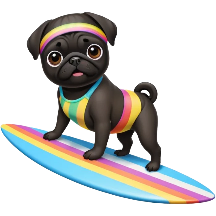 Black pug surfboarding in a rainbow bikini emoji
