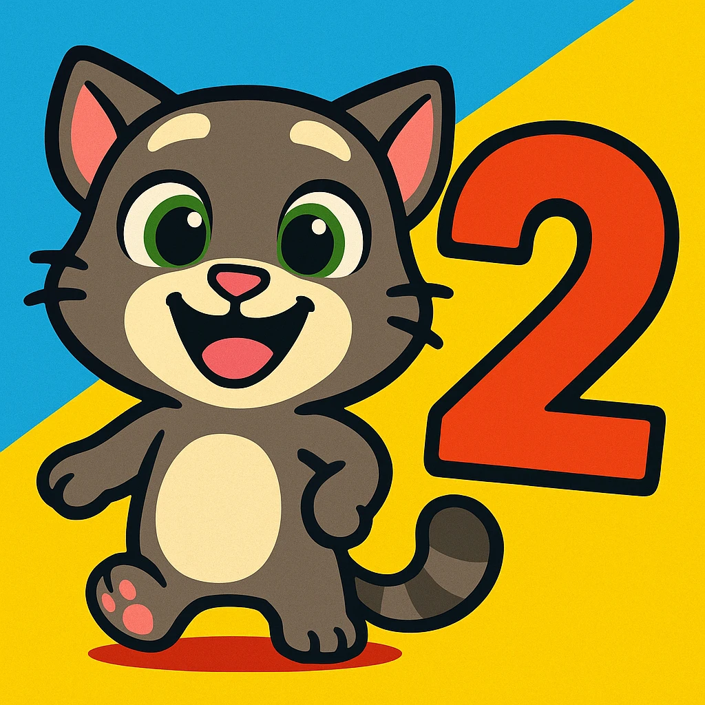 icon in style of My Talking Tom Friends 2, smiling cartoon cat and bold number 2, vibrant colors, rounded shapes emoji