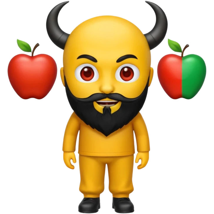 3D yellow heart emoji, devil face, full black beard, black horns and tail. Top: Italian flag. Bottom: Cornish flag trousers. Apple style, glossy, white background. emoji