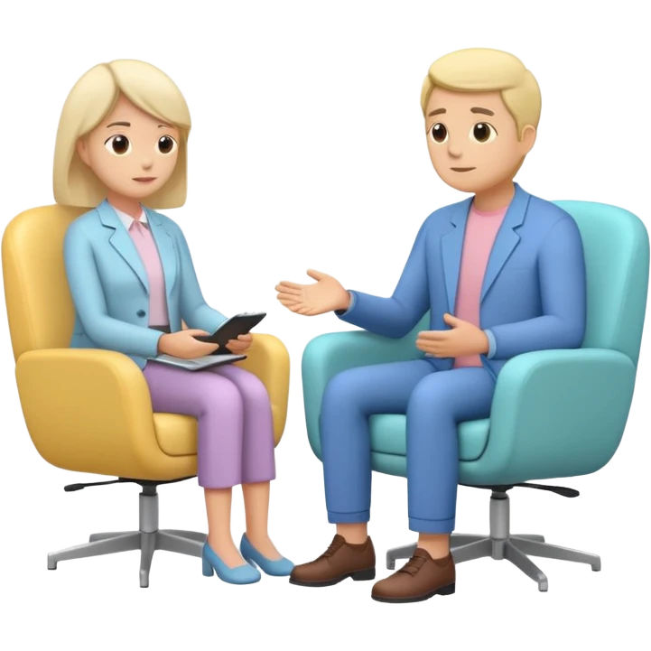 simplified human character sitting in a chair talking calmly with a psychologist, therapist listening attentively, safe and supportive atmosphere, mental health session, flat custom emoji sticker, pastel colors, rounded shapes, minimal details, thick outline, white background, no text emoji