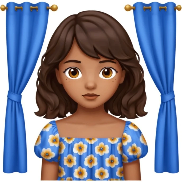 Teenage girl with golden brown skin, chocolate brown eyes, dark wavy hair with curtain bangs, and blue floral dress emoji