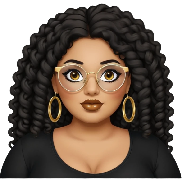 big plus size, latina, darker tan skin, gold hoops, long black curly hair, baddie,pretty, makeup, lipgloss, black eyeliner, long hair, black top, black glasses emoji
