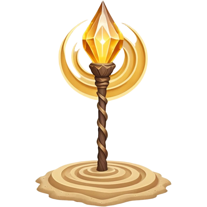 desert sand mage staff object icon, ancient wooden staff, swirling sand crystal on top, glowing golden aura, small floating sand particles, fantasy desert style, 3D cartoon, mobile game icon style, centered, clean background, soft shadow, no text, no watermark
 emoji
