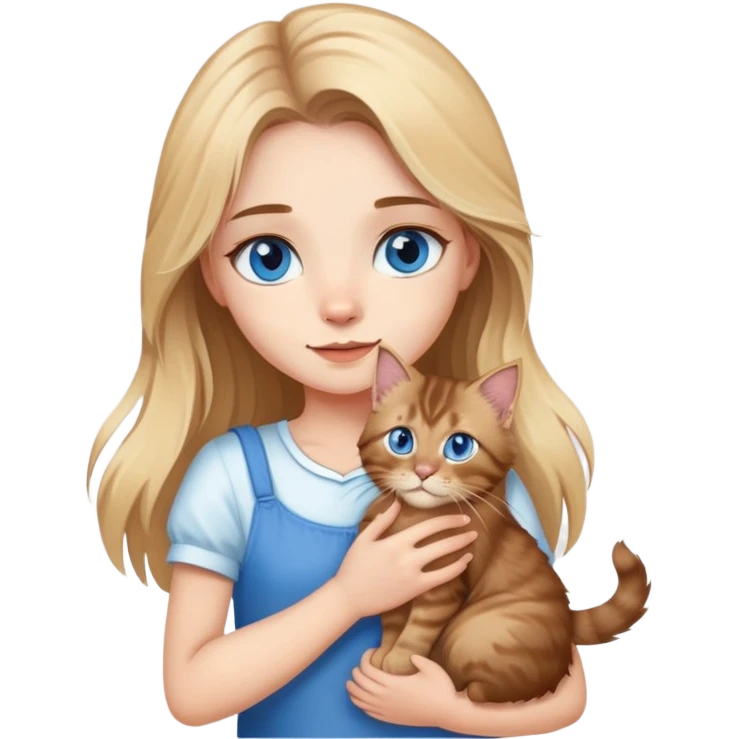 A blonde blue eyes girl holds a brown Maine Coon cat in her arms emoji