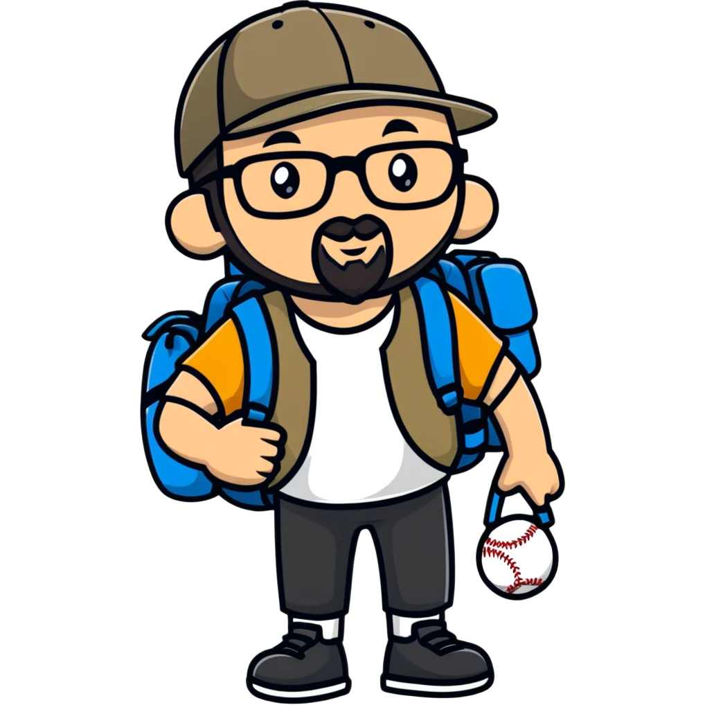 adventurer with backpack, small beard, glasses and backwards baseball cap emoji