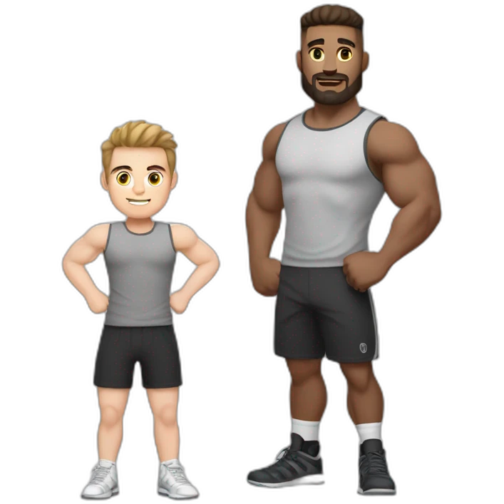 Full height Actively gesturing with hands Pale skinned Fit Man With the biceps and brown hair with Bristle in dark gray Sleeveless Mike, black oversize sports shorts and white Sneakers emoji