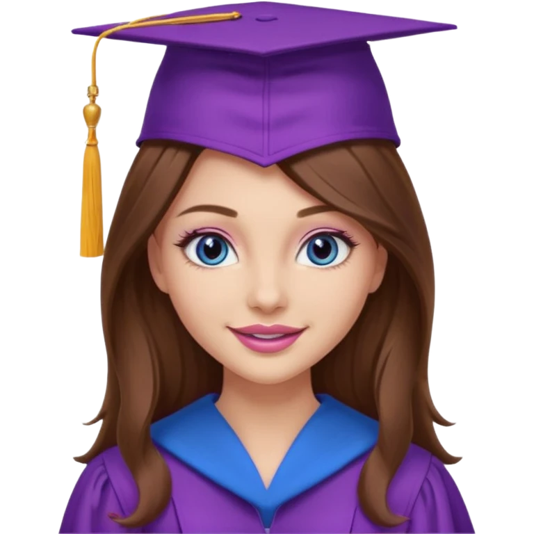 girl with gorgeous long brown hair, blue eyes, long lashes makeup, sexy pink lips, wearing a purple graduation cap and gown emoji