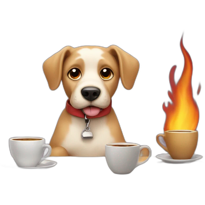 Anthropomorphic dog sitting on a table drinking coffee while its surrounding is on fire emoji