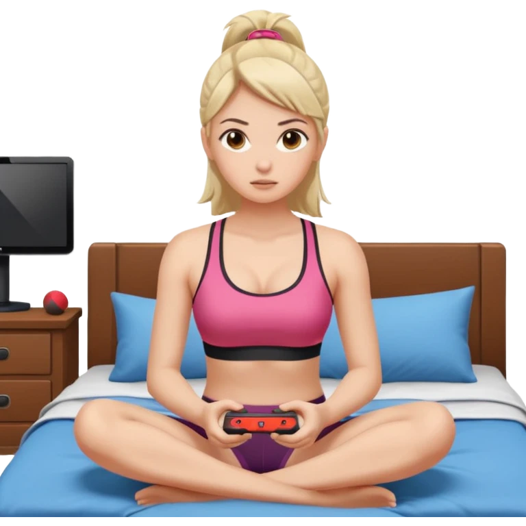 a naked girl sitting on her bed, in a sports bra, playing a video game emoji