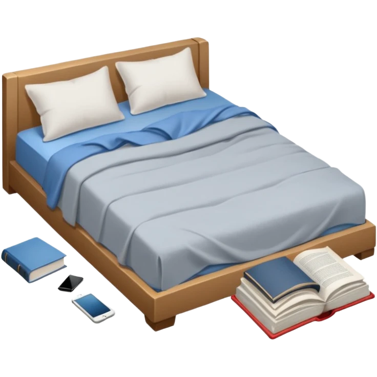 messy bed with a wrinkled blanket, the pillow out of place on the floor. Around the bed, scattered items include a t-shirt, pants, and an open book on the floor. emoji