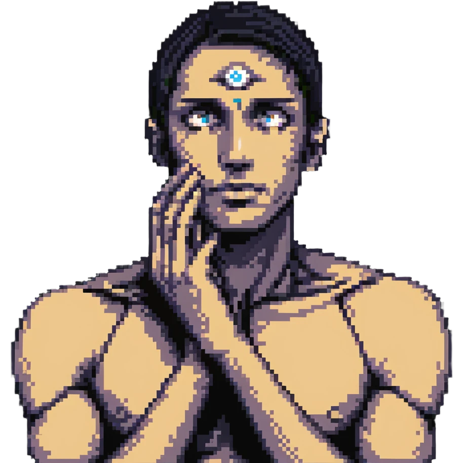 detailed human man with third eye open, contemplative pose with hand on chin emoji