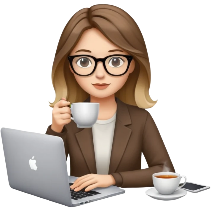 Chica con el pelo castaño con balagage rubias y gafas, está tomándose un té y trabajando con su laptop Apple  emoji