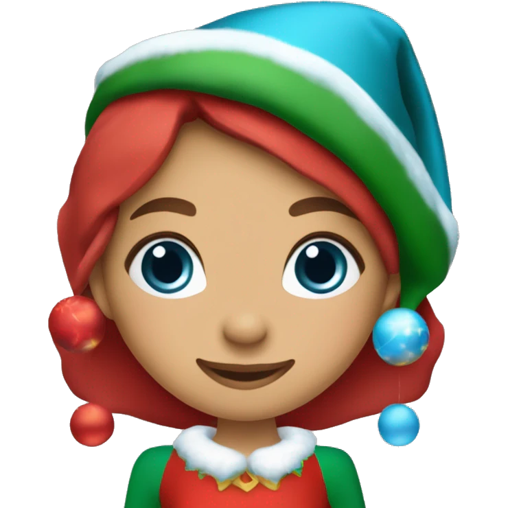 Make a Christmas elf wearing a red dress with a nice golden pattern, a nice hat and Christmas earring. The elf is a teenage girl and should have dark brown long hair and ocean blue eyes, with a big nice smile on her face  emoji