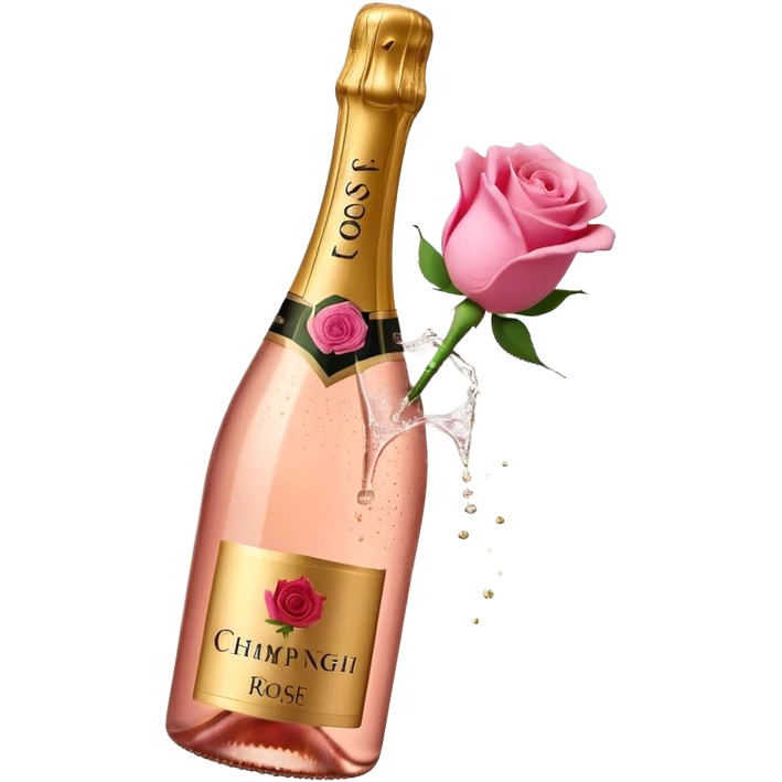 bottle of sparkling rosé champagne with a rose logo on the label, with the cork popping out from the top, tilted up and to the left, no glass emoji