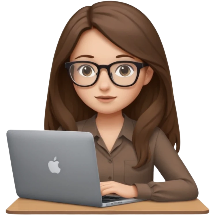 Girl in glasses,brown long hair, brown blouse, sitting with gray MacBook emoji