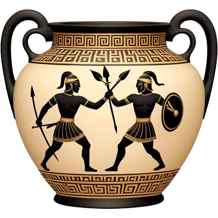Cinematic-realistic Grecian urn, an exquisite black-figure pottery masterpiece resting in the dim glow of an ancient temple. Intricate golden depictions of two warrior fighting with spears and warriors encircle its curved form, telling timeless myths of heroism and tragedy.  emoji