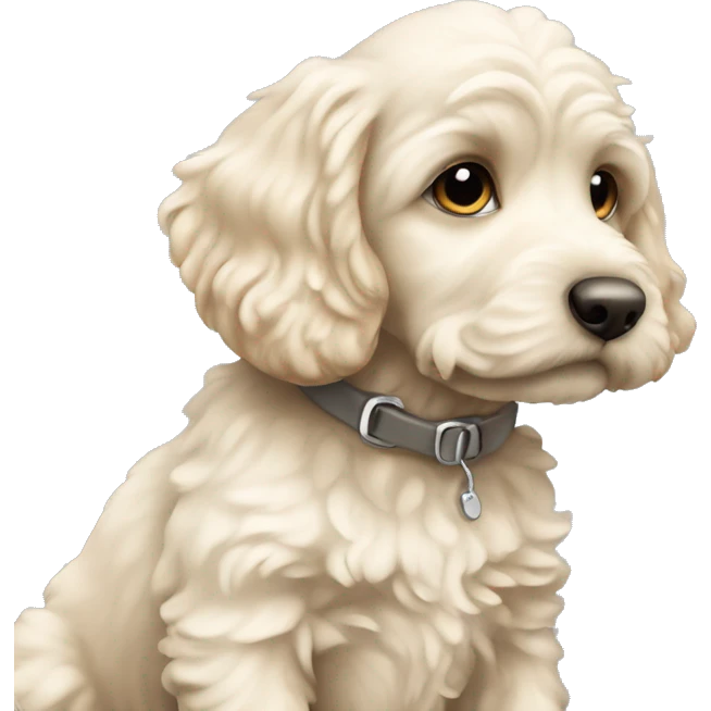 Cream cockapoo puppy sitting with grey eyes emoji