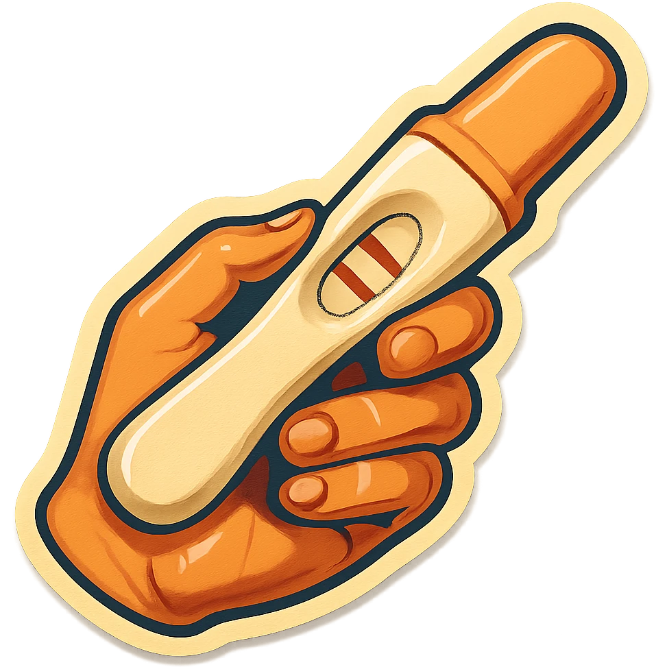 positive pregnancy test in hand, retro stickers style, soft rounded shapes, expressive contours, vintage color palette, light paper texture, shadows and highlights, transparent background emoji