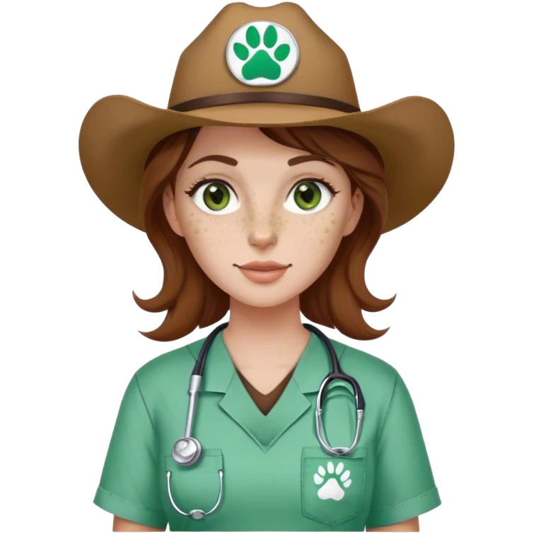 Pale Woman with brown hair and green eyes and freckles on her cheek bones wearing scrubs that have a paw print logo on only the scrubs  and a cow girl hat emoji