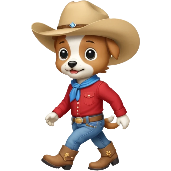 Steampunk a very cute and adorable anthropomorphic puppy with a cowboy hat ,red shirt and blue jeans and white boots is walking  emoji