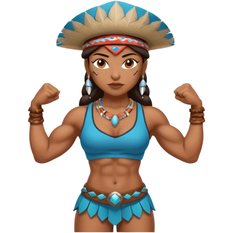 native american brown skin sexy girl, flexing muscles, full body, muscled, with traditional outfit and hat emoji