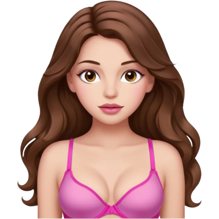 teenager, long brown hair wavy, hazel eyes, pink, beautiful, stunning, little clothing, bra, calm, big lips, long lashes emoji
