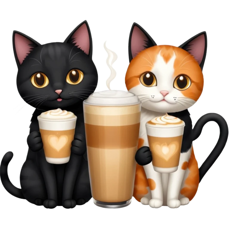 2 black cats and 1 calico cat all drinking lattes  emoji
