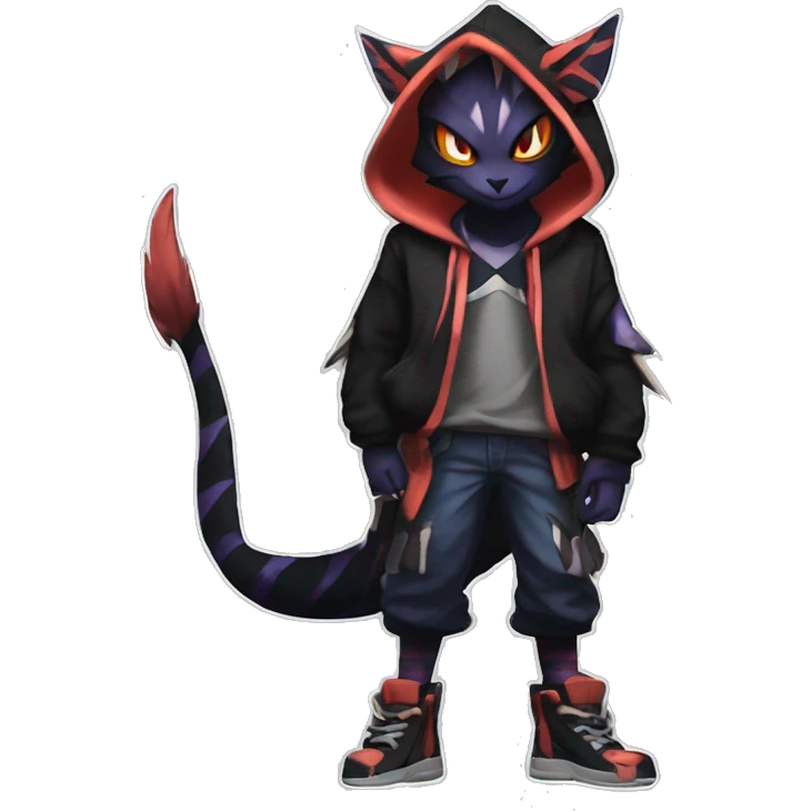 Cool Anthro Black Noivern-Absol-Litten-Pokémon with edgy stripes hoodie spiked collar punk Full Body emoji