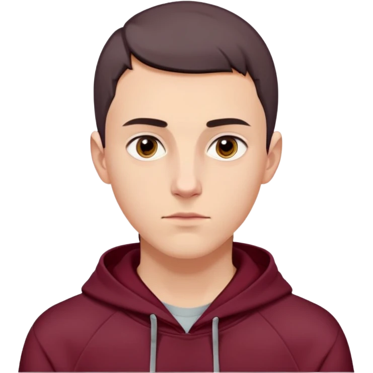 young white European male with short buzzcut dark hair, smooth clear skin, wearing a maroon hoodie with the hood up, oval-shaped face, defined jawline, high cheekbones, symmetrical features, sharp focused eyes, straight prominent eyebrows, calm neutral expression emoji