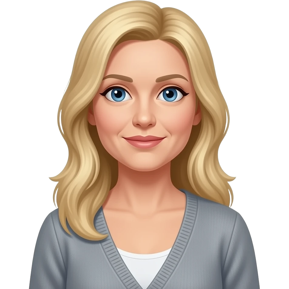 Blue eyes, fair skin, longer blonde hair, medium height, medium frame, middle aged women, cardigan, grey top emoji
