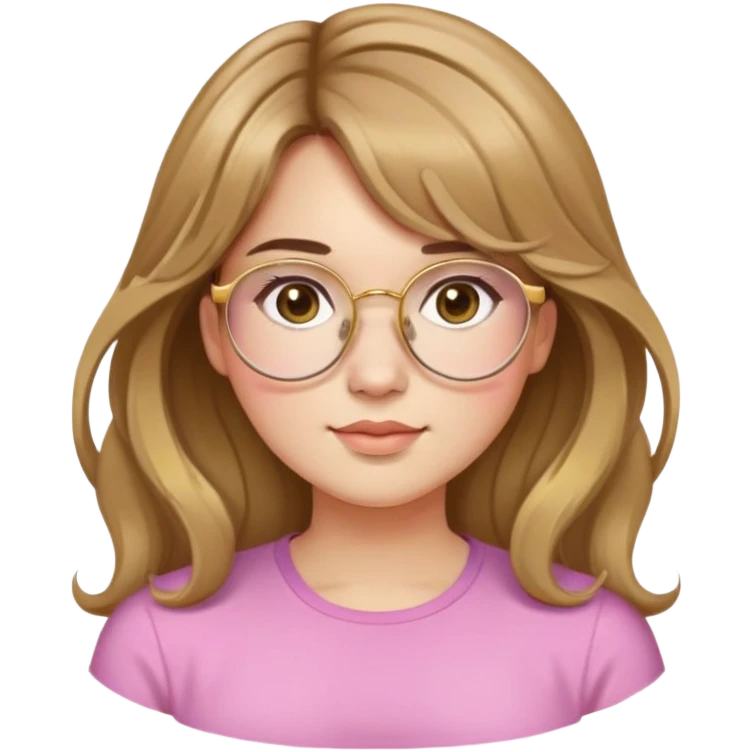 young adult woman with light skin, round face, prominent cheeks, medium plump body, long light brown hair with golden highlights, voluminous and wavy, long bangs over eyebrows, large octagonal glasses with thin golden or light pink frame, casual dark shirt emoji