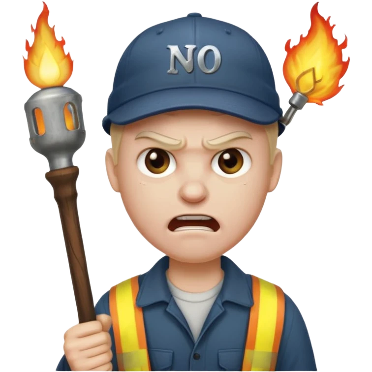 Angry man with a torch and a pitchfork and a cap that says "no blathy" emoji