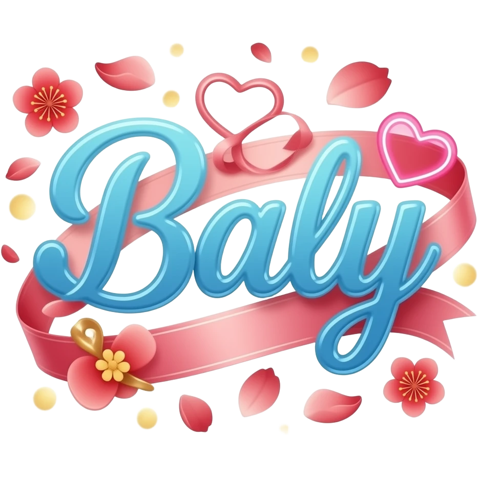 A sleek, sky blue text 'Baly' decorative symbols of flowers, adorned with satin ribbons and glowing neon-pink hearts. Surrounded by floating red blossom petals and golden bokeh. Vibrant, modern, and feminine with a cinematic glow emoji