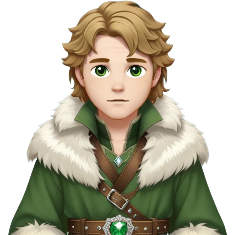 Medieval winter outfit worn by a DnD themed fantasy male character. Heavy olive green wool tunic with lynx fur collar, secured with ornate silver fastenings and a thick embossed leather belt. Clothes only above the waist, full waist coverage. The character has no arms. Character is white-skinned with golden brown hair, forest green eyes, and shoulder-length wavy hair with ice-crystal highlights. emoji