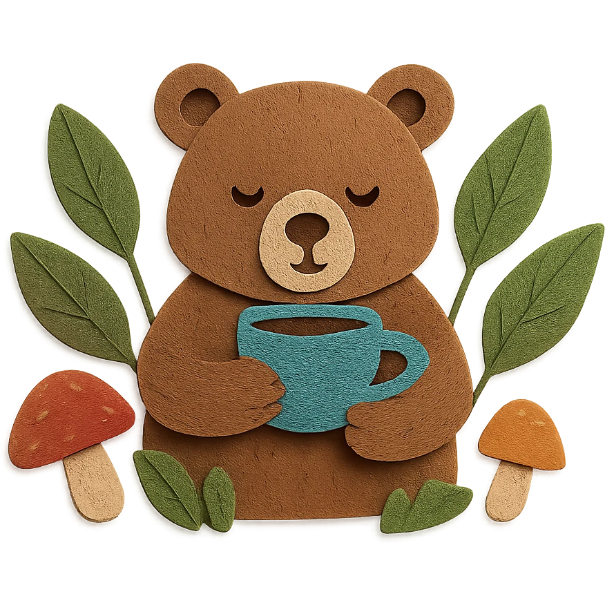 little bear sipping tea in the forest, surrounded by leaves and mushrooms, paper-craft style emoji
