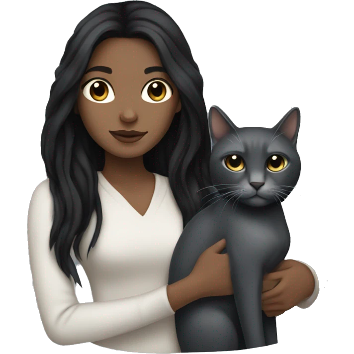 White girl with long black hair and black eyes holding a grey cat emoji