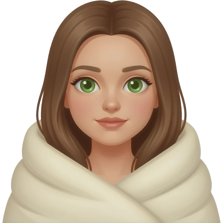 white girl with grean eyes and long brown straight hair wrapped in a cream blanket emoji
