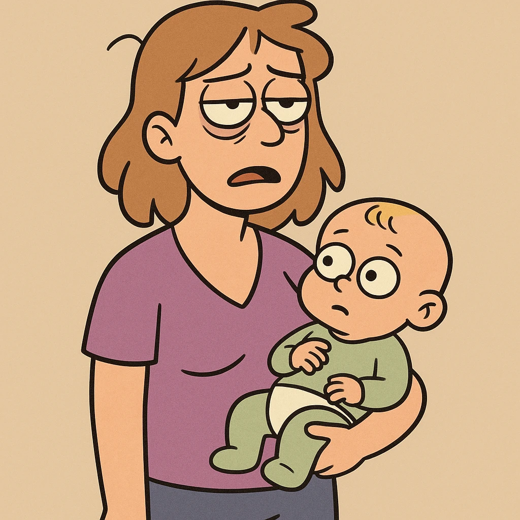 a tired woman holding a baby, simple cartoon style emoji