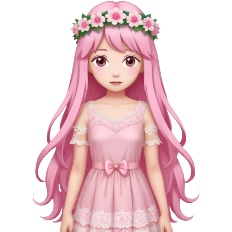 pastel anime woman with pink and white lace dress full body and long hair with flower crown emoji