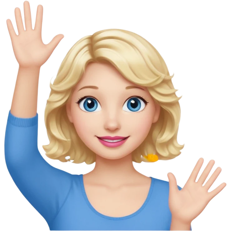 Girl Blonde short wavy hair,  blue eyes, cute blue top, long lashes, pink lips, smiling, waving hello  emoji
