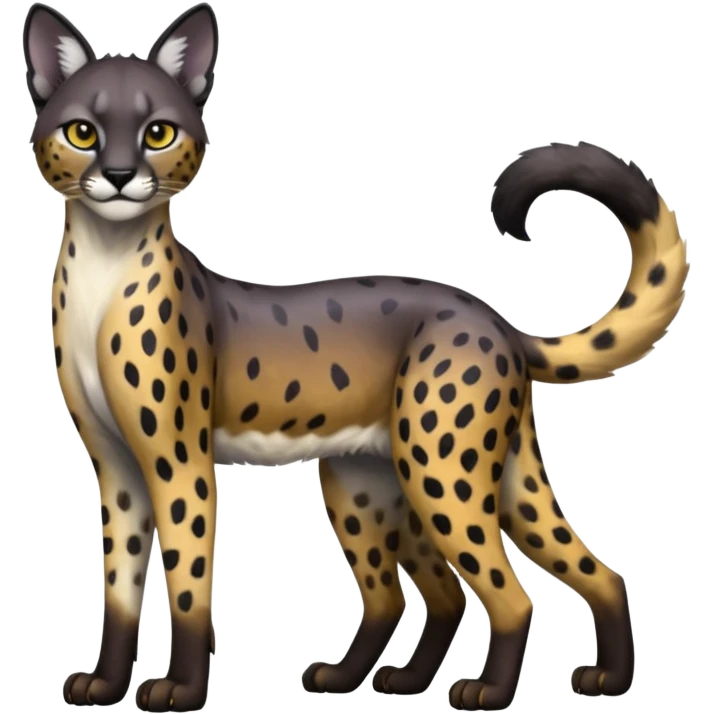 Colorful shiny spectral soft smooth black gloomy dark dull melanistic Caracal-Cheetah-Serval-Snow-Leopard-Trico-Sergal-Vernid-fusion-hybrid-animal-creature, full body emoji