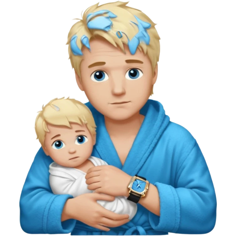 A white man with blue eyes, medium-length blond hair, a blue Cartier watch on his wrist, and a black and white bathrobe. His hair is messy, and he has a baby face. emoji
