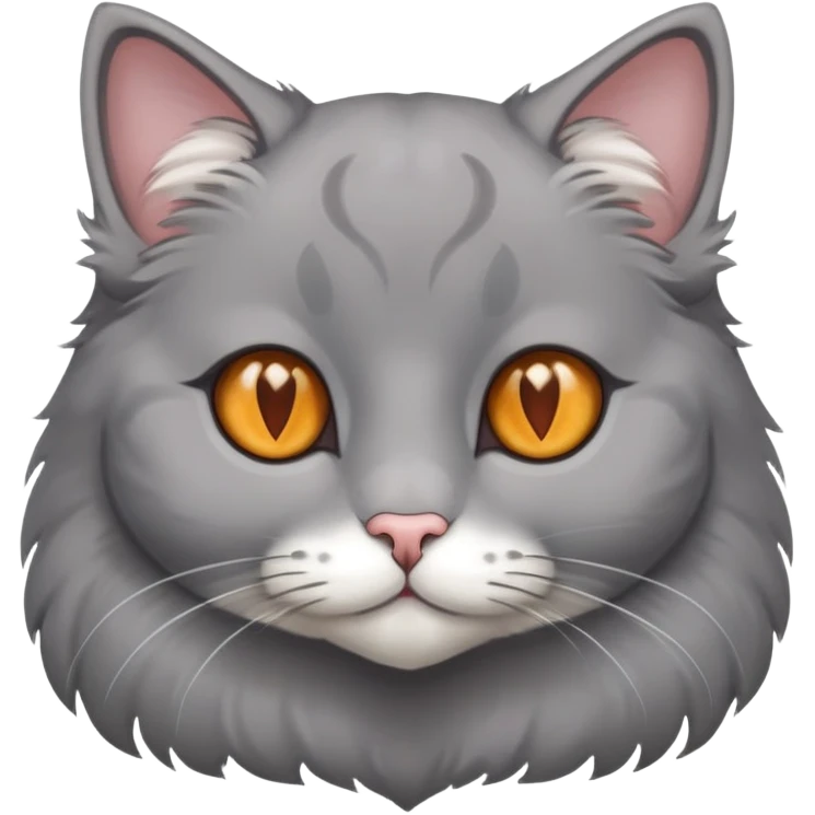A gray cat with small lop-eared ears, amber eyes, and a white heart in its paws emoji