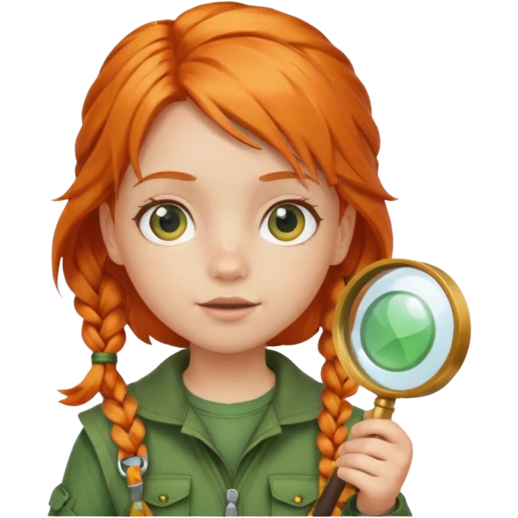 braid orange haired girl kid in green explorer outfit, holding magnifying glass emoji