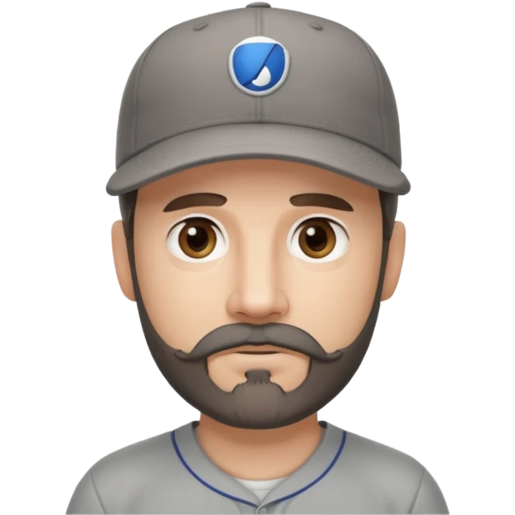 white male with dark brown goatee beard and moustache with grey tones wearing a grey baseball cap back to front with hazel eyes emoji